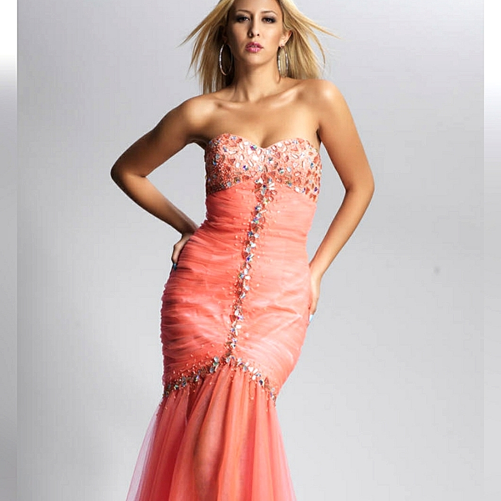 Coral/Pink Formal Strapless Mermaid Sweetheart Sequin Beaded Tulle Evening Gown